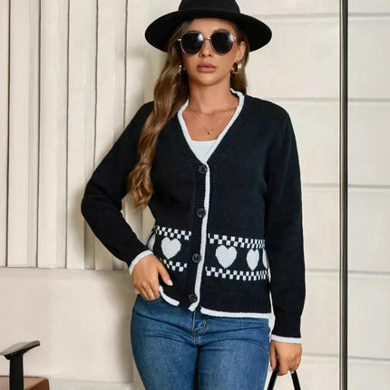 Women Cropped Cardigan Fall Long Sleeve Open Front Heart Print Knit Sweaters