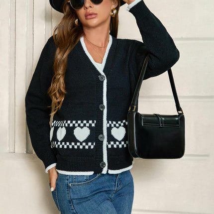 Women Cropped Cardigan Fall Long Sleeve Open Front Heart Print Knit Sweaters