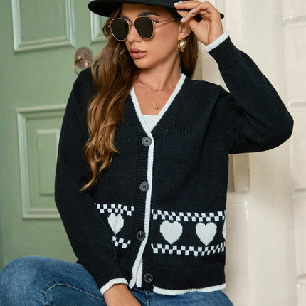 Women Cropped Cardigan Fall Long Sleeve Open Front Heart Print Knit Sweaters