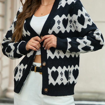 Women Crop Cardigan Long Sleeve Heart Printed Button Down Knitted Sweater