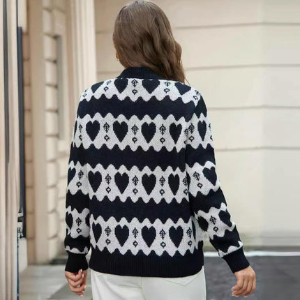 Women Crop Cardigan Long Sleeve Heart Printed Button Down Knitted Sweater