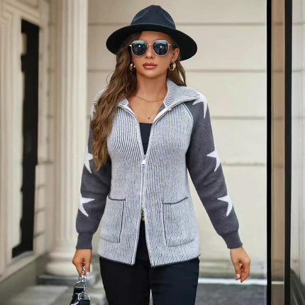 Zip Up Cardigans for Women Long Sleeve Knit Open Front Collared Sweater