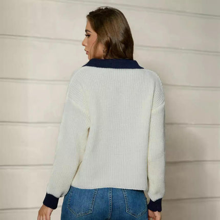 Womens Collared Cardigan Long Sleeve Knit Button Down Color Block Sweater