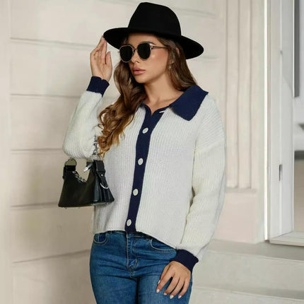 Womens Collared Cardigan Long Sleeve Knit Button Down Color Block Sweater