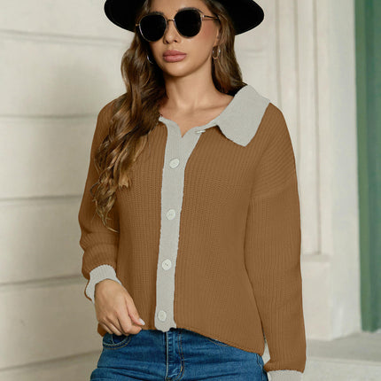 Womens Collared Cardigan Long Sleeve Knit Button Down Color Block Sweater