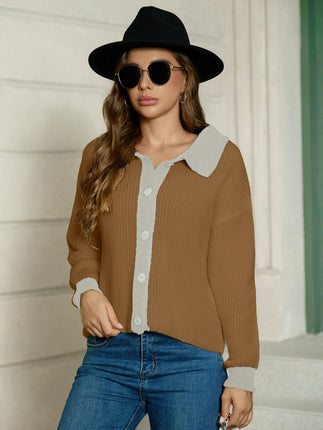 Womens Collared Cardigan Long Sleeve Knit Button Down Color Block Sweater
