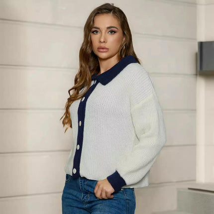 Womens Collared Cardigan Long Sleeve Knit Button Down Color Block Sweater