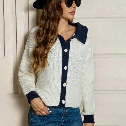 Womens Collared Cardigan Long Sleeve Knit Button Down Color Block Sweater