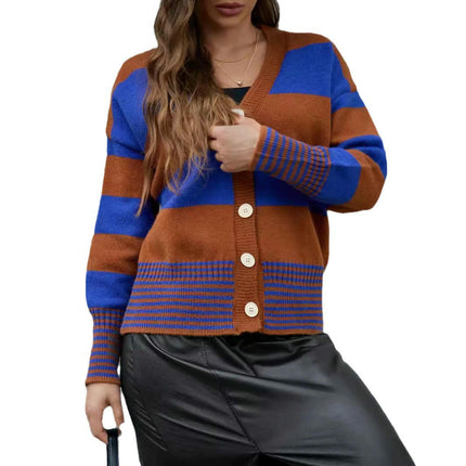Women's Color Block Cardigan Long Sleeve Open Front Button Down Knit Sweater