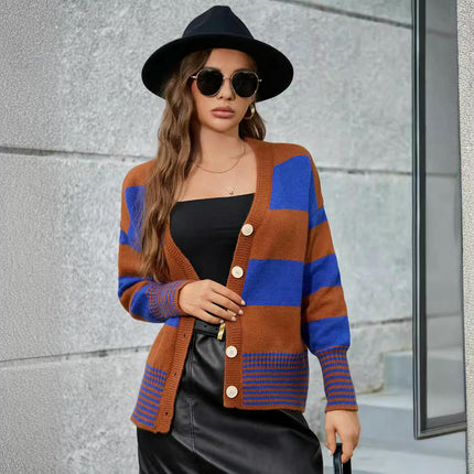 Women's Color Block Cardigan Long Sleeve Open Front Button Down Knit Sweater