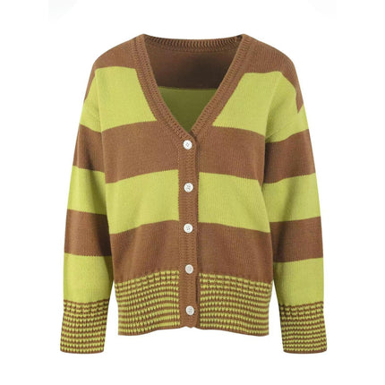 Women's Color Block Cardigan Long Sleeve Open Front Button Down Knit Sweater