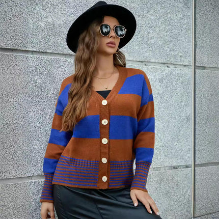 Women's Color Block Cardigan Long Sleeve Open Front Button Down Knit Sweater