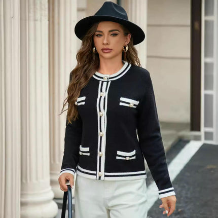 Women's Color Block Knit Sweaters Long Sleeve Button Down Crew Neck Cardigan