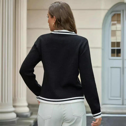 Women's Color Block Knit Sweaters Long Sleeve Button Down Crew Neck Cardigan