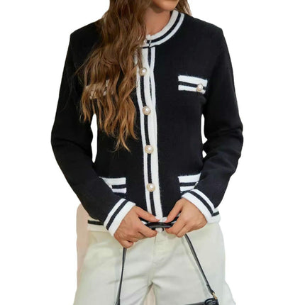 Women's Color Block Knit Sweaters Long Sleeve Button Down Crew Neck Cardigan