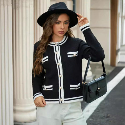 Women's Color Block Knit Sweaters Long Sleeve Button Down Crew Neck Cardigan