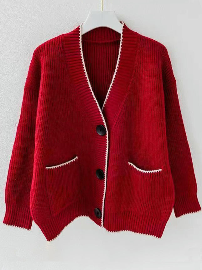Women's V Neck Cardigan Open Front Button Down Knit Sweaters with Pockets