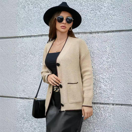 Women's V Neck Cardigan Open Front Button Down Knit Sweaters with Pockets