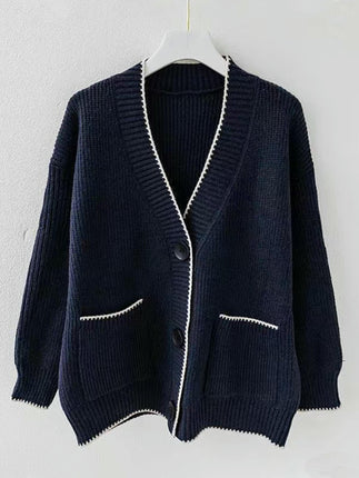 Women's V Neck Cardigan Open Front Button Down Knit Sweaters with Pockets