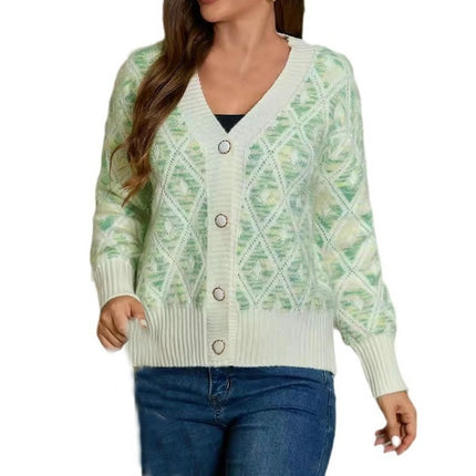 Women V Neck Button Down Long Sleeve Plaid Knit Cardigans Sweater