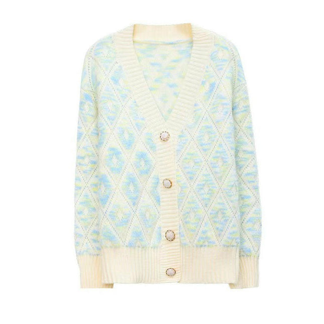 Women V Neck Button Down Long Sleeve Plaid Knit Cardigans Sweater