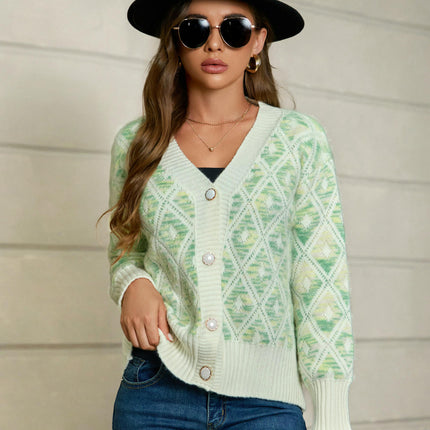 Women V Neck Button Down Long Sleeve Plaid Knit Cardigans Sweater