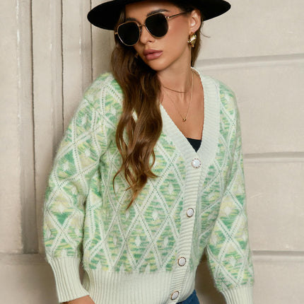 Women V Neck Button Down Long Sleeve Plaid Knit Cardigans Sweater