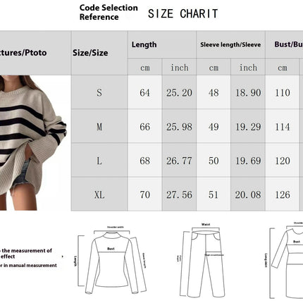 Women's Crew Neck Long Sleeve Spilt Hem Pullover Knit Stripe Oversized Sweaters