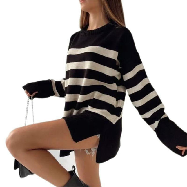 Women's Crew Neck Long Sleeve Spilt Hem Pullover Knit Stripe Oversized Sweaters