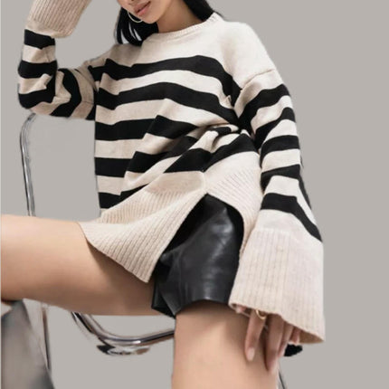 Women's Crew Neck Long Sleeve Spilt Hem Pullover Knit Stripe Oversized Sweaters
