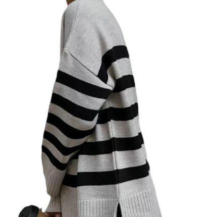 Women's Crew Neck Long Sleeve Spilt Hem Pullover Knit Stripe Oversized Sweaters