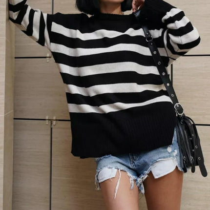 Women's Crew Neck Long Sleeve Spilt Hem Pullover Knit Stripe Oversized Sweaters