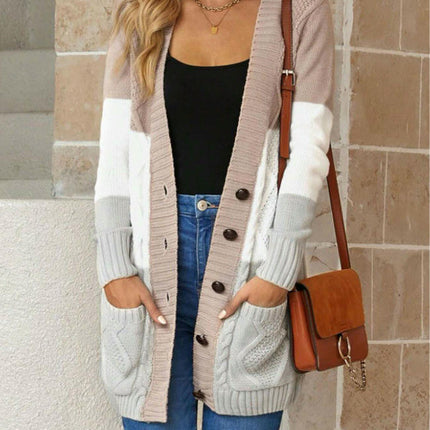 Womens Long Sleeve Open Front Buttons Cable Knit Pocket Sweater Cardigan