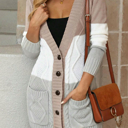 Womens Long Sleeve Open Front Buttons Cable Knit Pocket Sweater Cardigan