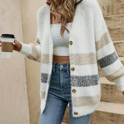 Women's Cardigan Striped Open Front Button Down Knitted Sweaters