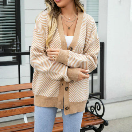 Women's Long Sleeve Cardigan Striped Button Down V Neck Open Front Knit Sweaters