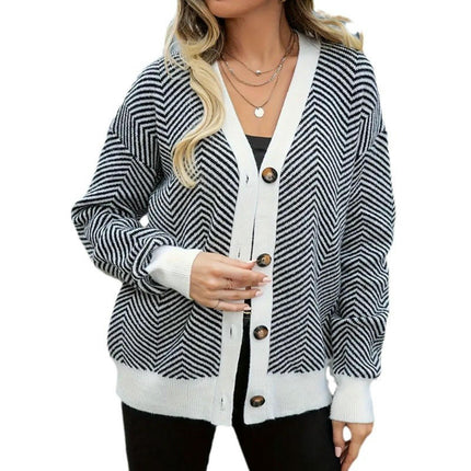 Women's Long Sleeve Cardigan Striped Button Down V Neck Open Front Knit Sweaters