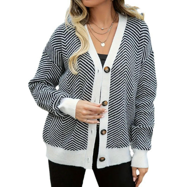Women's Long Sleeve Cardigan Striped Button Down V Neck Open Front Knit Sweaters