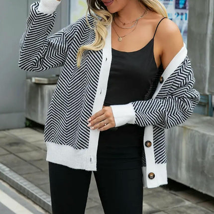 Women's Long Sleeve Cardigan Striped Button Down V Neck Open Front Knit Sweaters