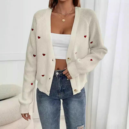 Women's Heart Print Button Down Long Sleeve V Neck Cardigan Sweater