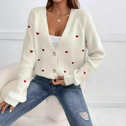 Women's Heart Print Button Down Long Sleeve V Neck Cardigan Sweater