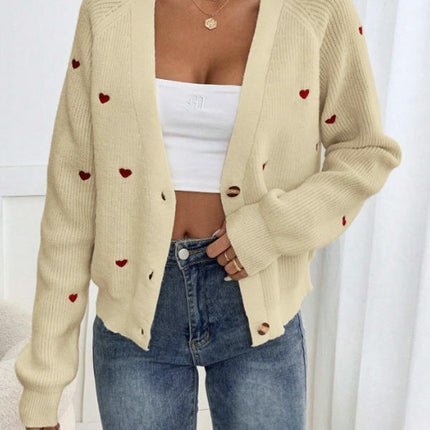 Women's Heart Print Button Down Long Sleeve V Neck Cardigan Sweater