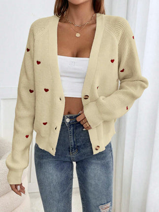Women's Heart Print Button Down Long Sleeve V Neck Cardigan Sweater