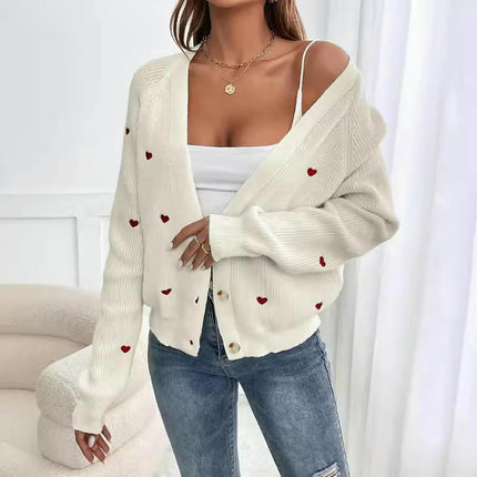 Women's Heart Print Button Down Long Sleeve V Neck Cardigan Sweater