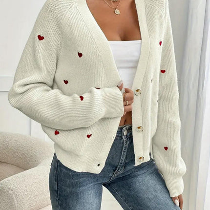 Women's Heart Print Button Down Long Sleeve V Neck Cardigan Sweater