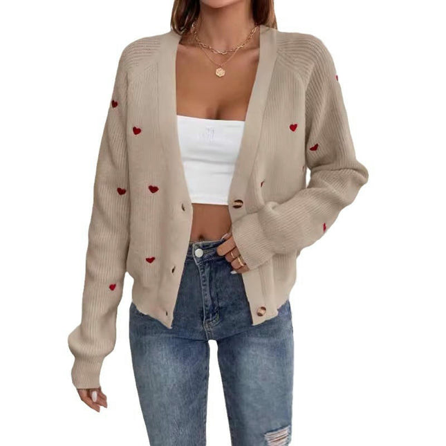 Women's Heart Print Button Down Long Sleeve V Neck Cardigan Sweater
