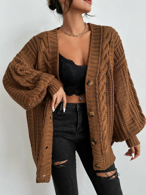 Women's Long Sleeve Cable Knit Sweater Open Front Button Down Knit Cardigan