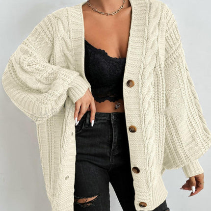 Women's Long Sleeve Cable Knit Sweater Open Front Button Down Knit Cardigan