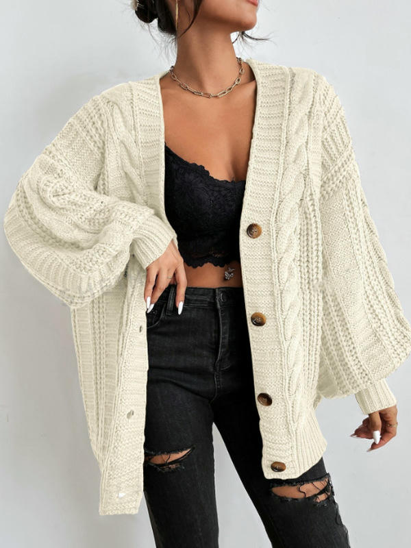 Women's Long Sleeve Cable Knit Sweater Open Front Button Down Knit Cardigan