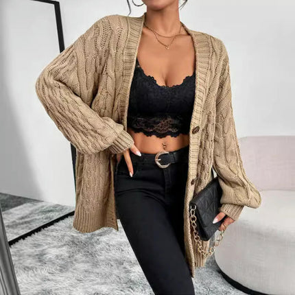 Women's Cable Knit Cardigan Long Sleeve Open Front Button Down Sweater